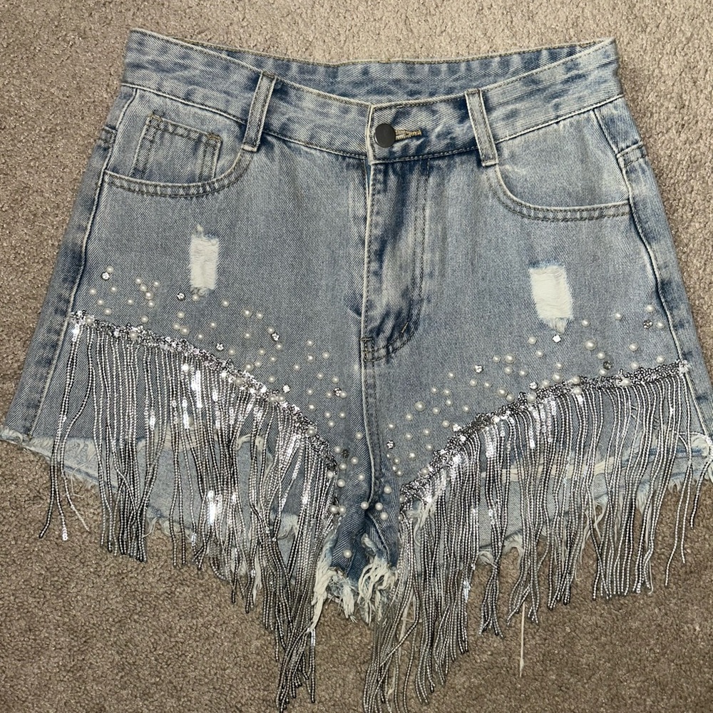 Fringe Embellished Denim Shorts